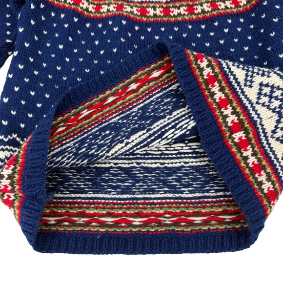 Vintage Fair Isle Nordic Wool Knit Sweater Navy Blue Red White Pullover Medium - Picture 5 of 5